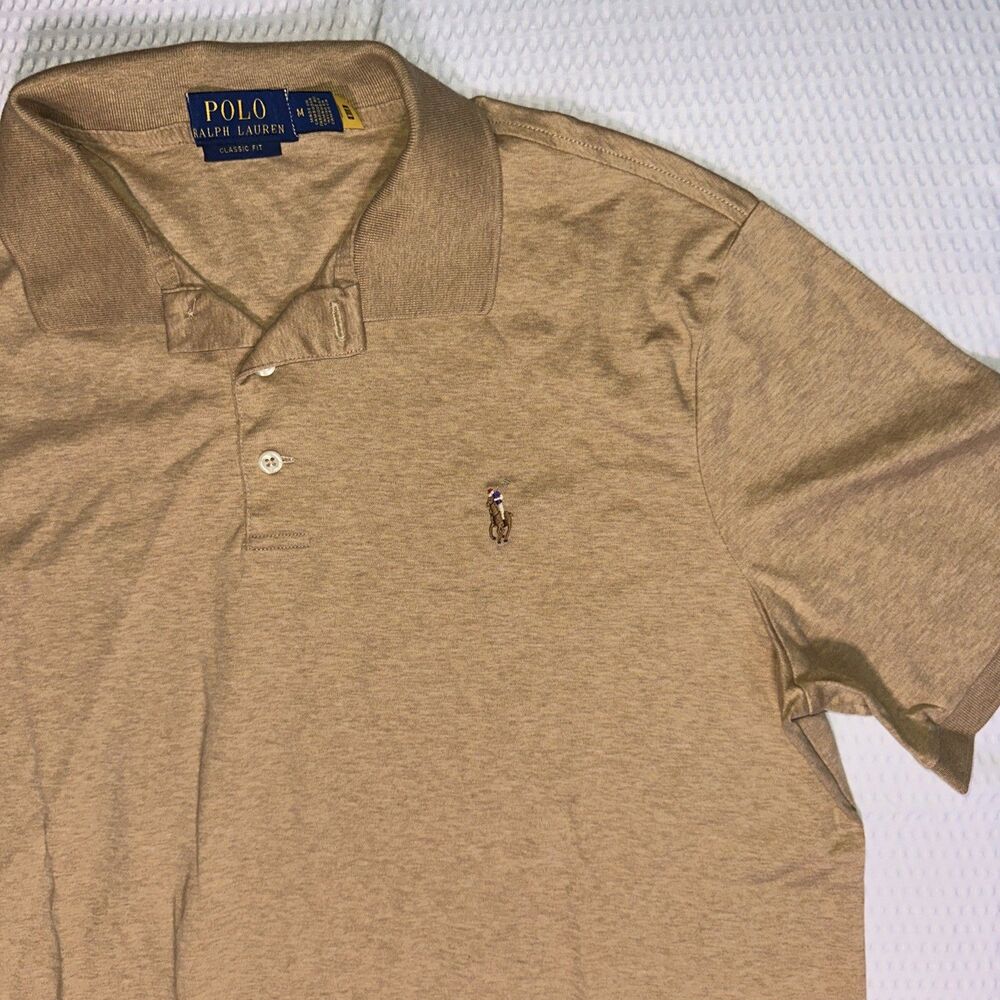 Polo Ralph Lauren Mens M Classic Fit Short Sleeve Polo Shirt Tan/Beige Pony